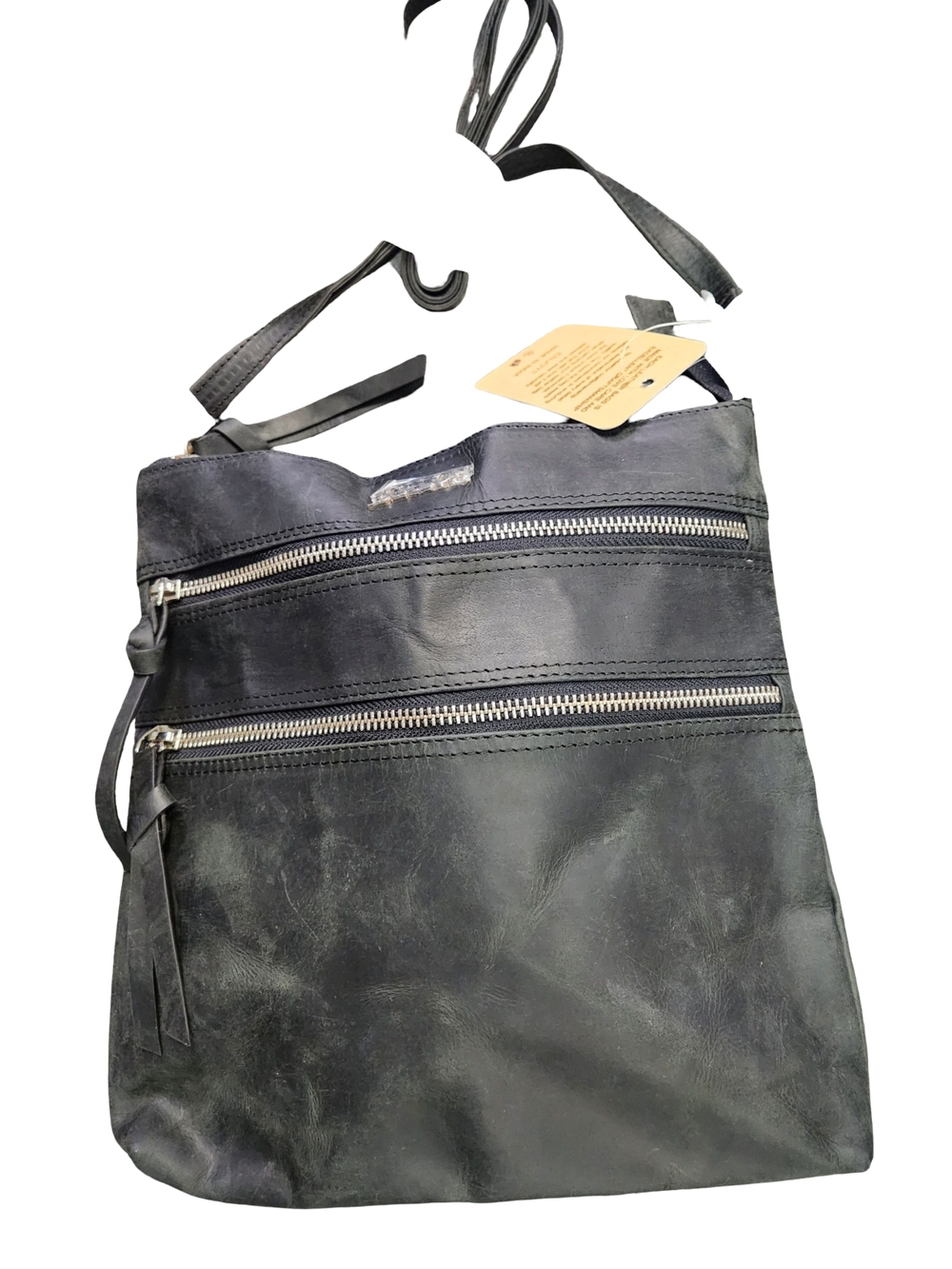 Estalon-Black Leather Crossbody Bag with Dual Zip Pockets